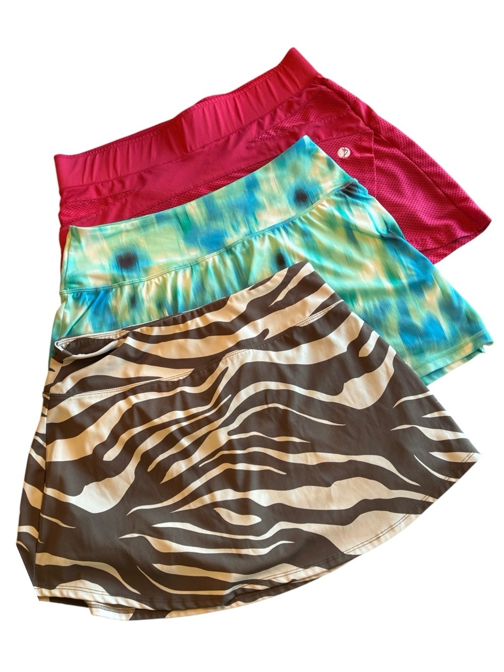3 Activewear Skirts Skorts - Women's Large. Pink, Zebra, Aqua Tie-Dye, EUC